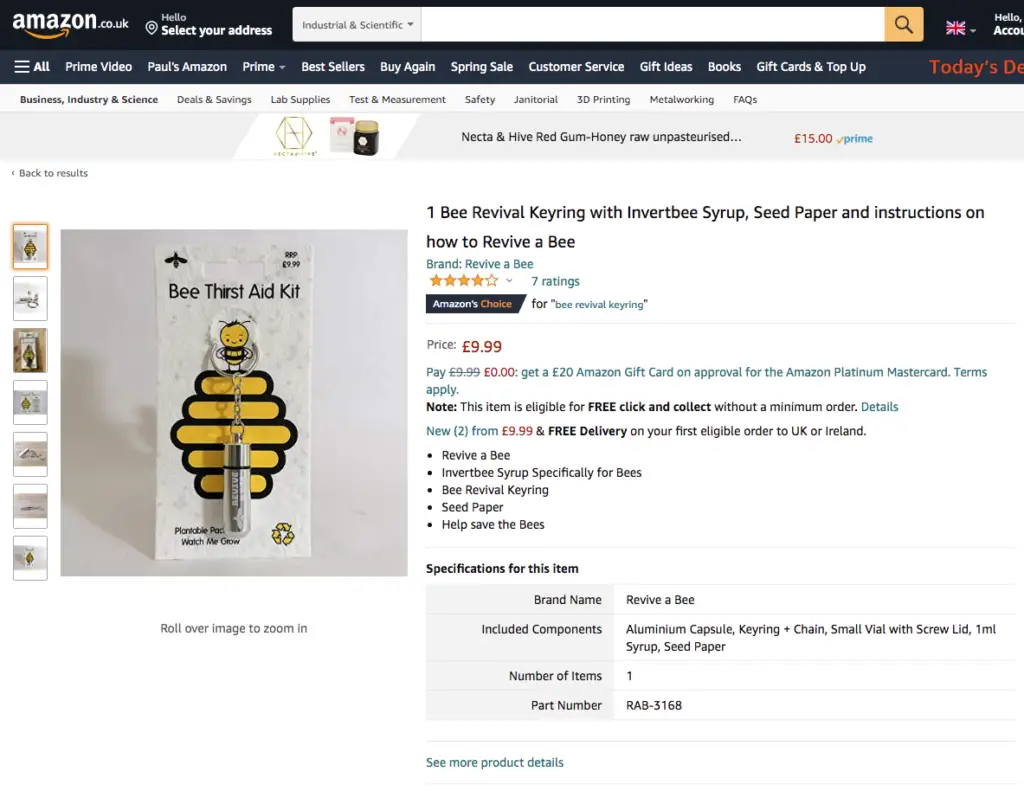 Screen Shot of Revive a Bee Boost Keyring on Amazon Best Choice