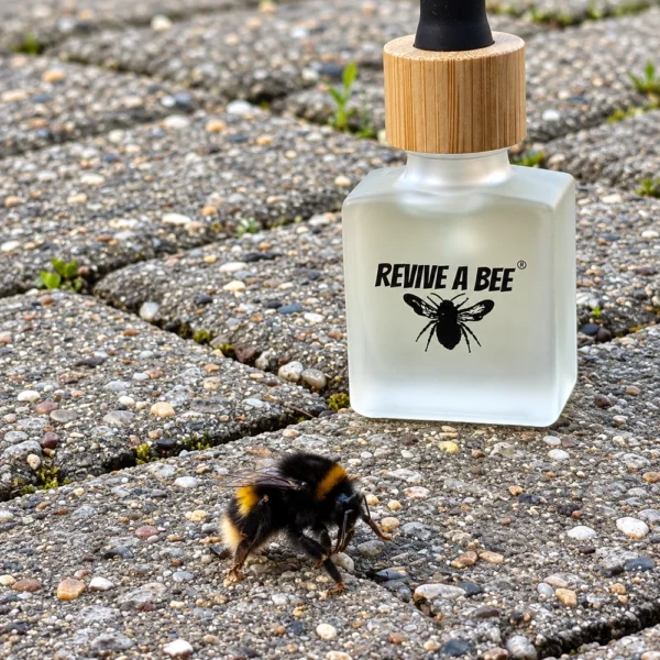 A tired bumblebee on paving beside a Revive a Bee refill bottle